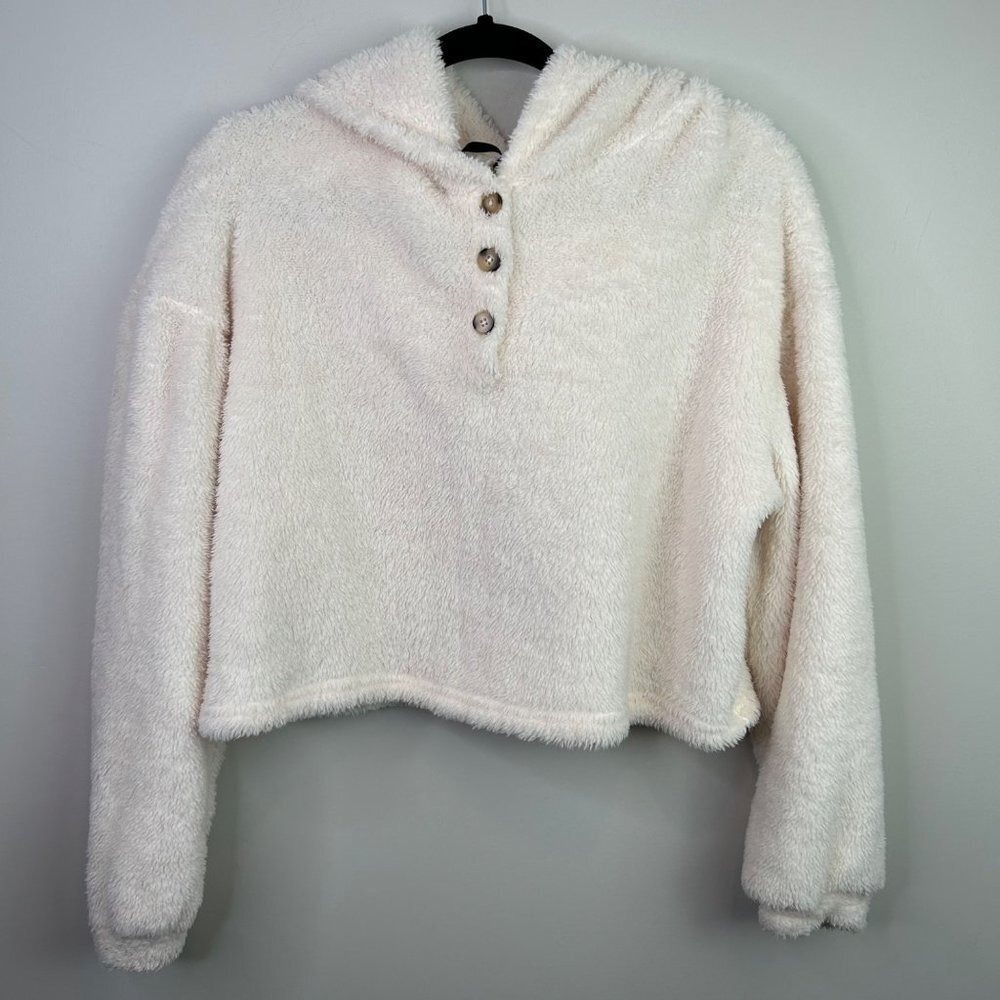 Cream Fuzzy Cropped Hoodie Button‎ Front Long Sleeve Cozy Plush Top Women's M